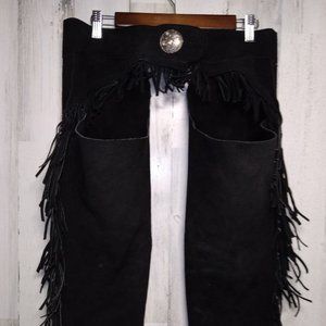 Black Suede Leather Fringe Western Cowboy Chaps Women's Small Heavy Zippered